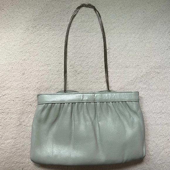 Vintage Leather/Chain Purse Bow Handbag-Grey-Clutch-Vtg-Gray-Retro-Tradwife-60s - Picture 4 of 15